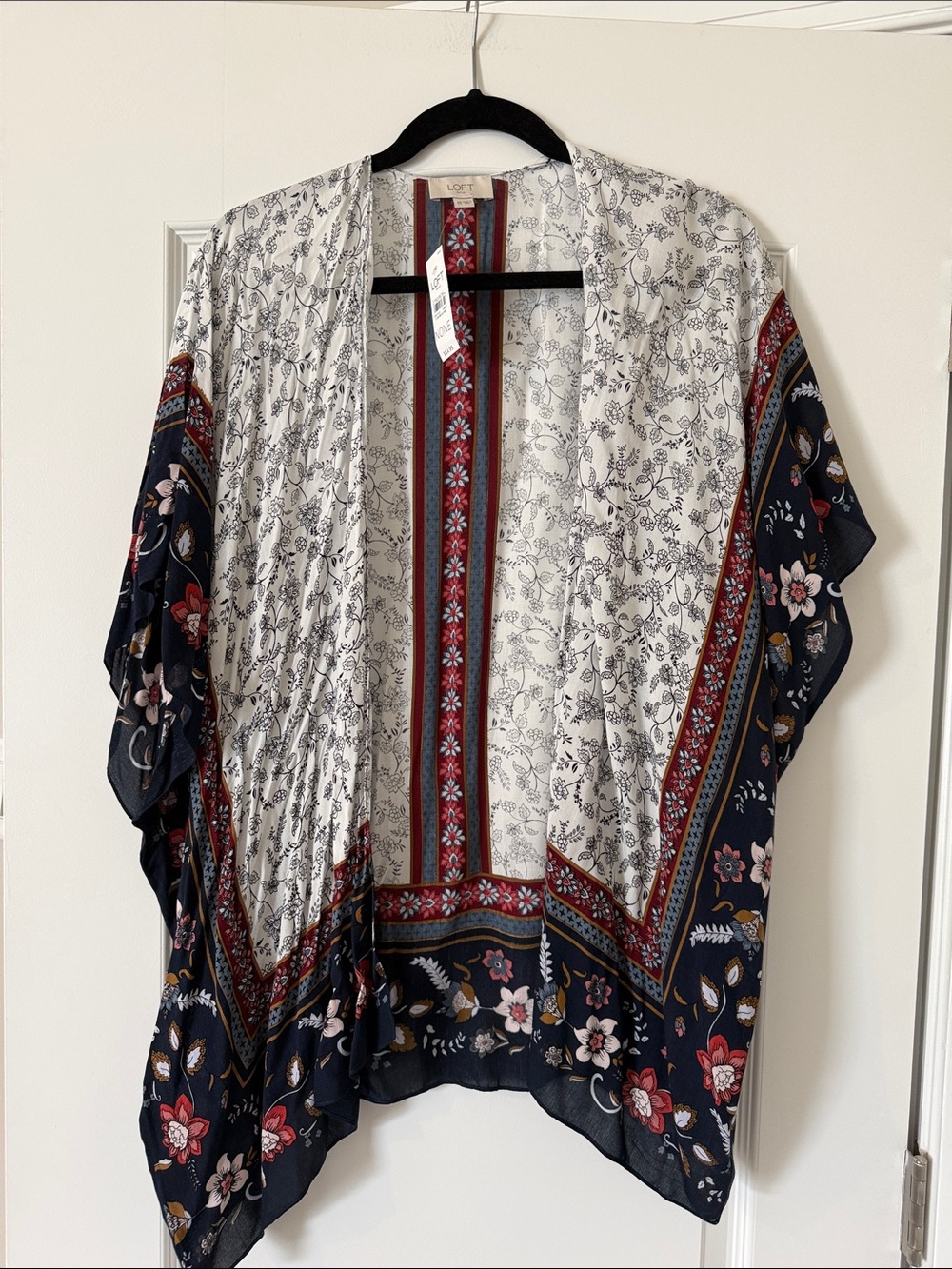 LOFT Navy, White & Red Floral Border Kimono